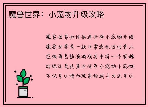 魔兽世界：小宠物升级攻略